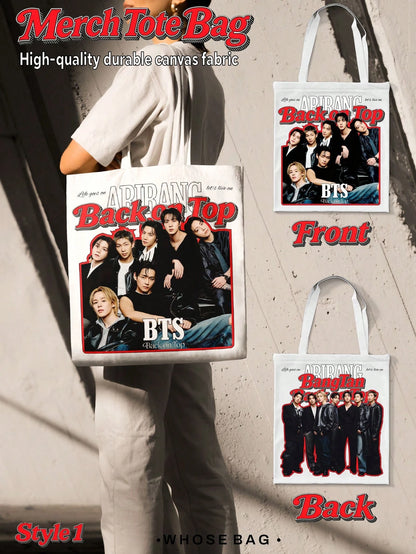 B-TS ARIRANG Tote Bags, J-H, V, JK Double-Sided Printed B-TS "Back On Top" ARIRANG Group Portrait Pattern Open-Top Casual Tote Bag, Suitable For ARMY Daily Use, Christmas Birthday Gift