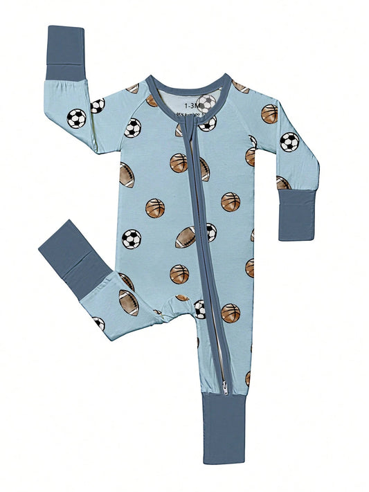 Baby Bamboo Fiber Zip-Up, Baseball Football Basketball Print Romper, All-Season Knit Fabric Skinny Fit With Zipper Detail, Boy Baby Girl Clothes, Perfect For Outdoor