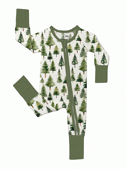 Baby Bamboo Fiber Zip-Up, Pine Print Romper, All-Season Knit Fabric Skinny Fit With Zipper Detail, Boy Baby Clothes, Perfect For Outdoor Christmas Gift.