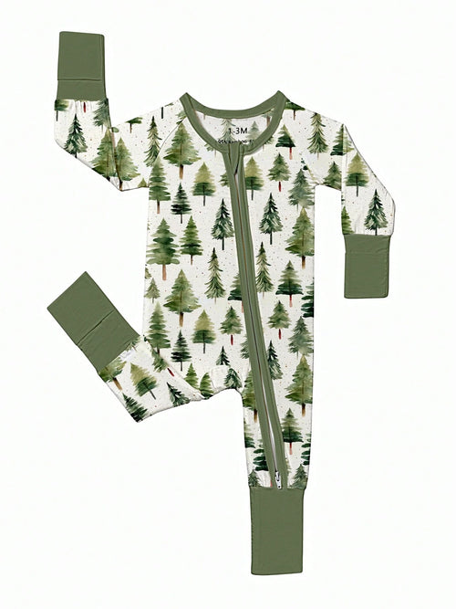 Baby Bamboo Fiber Zip-Up, Pine Print Romper, All-Season Knit Fabric Skinny Fit With Zipper Detail, Boy Baby Clothes, Perfect For Outdoor Christmas Gift.