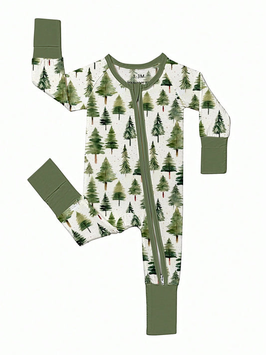 Baby Bamboo Fiber Zip-Up, Pine Print Romper, All-Season Knit Fabric Skinny Fit With Zipper Detail, Boy Baby Clothes, Perfect For Outdoor Christmas Gift.