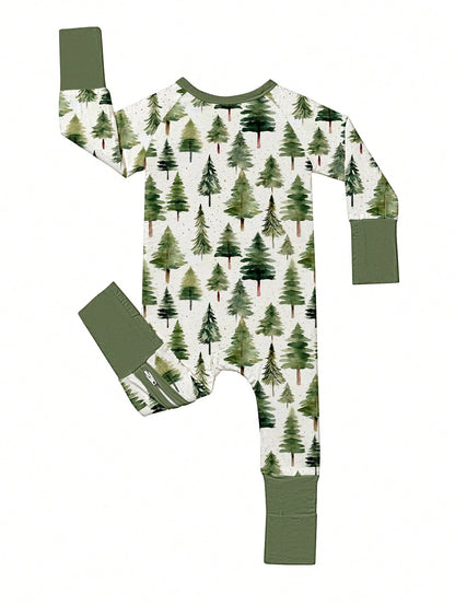 Baby Bamboo Fiber Zip-Up, Pine Print Romper, All-Season Knit Fabric Skinny Fit With Zipper Detail, Boy Baby Clothes, Perfect For Outdoor Christmas Gift.