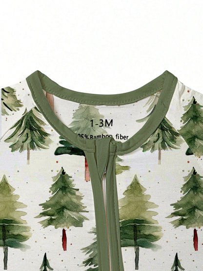 Baby Bamboo Fiber Zip-Up, Pine Print Romper, All-Season Knit Fabric Skinny Fit With Zipper Detail, Boy Baby Clothes, Perfect For Outdoor Christmas Gift.