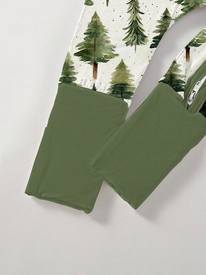 Baby Bamboo Fiber Zip-Up, Pine Print Romper, All-Season Knit Fabric Skinny Fit With Zipper Detail, Boy Baby Clothes, Perfect For Outdoor Christmas Gift.