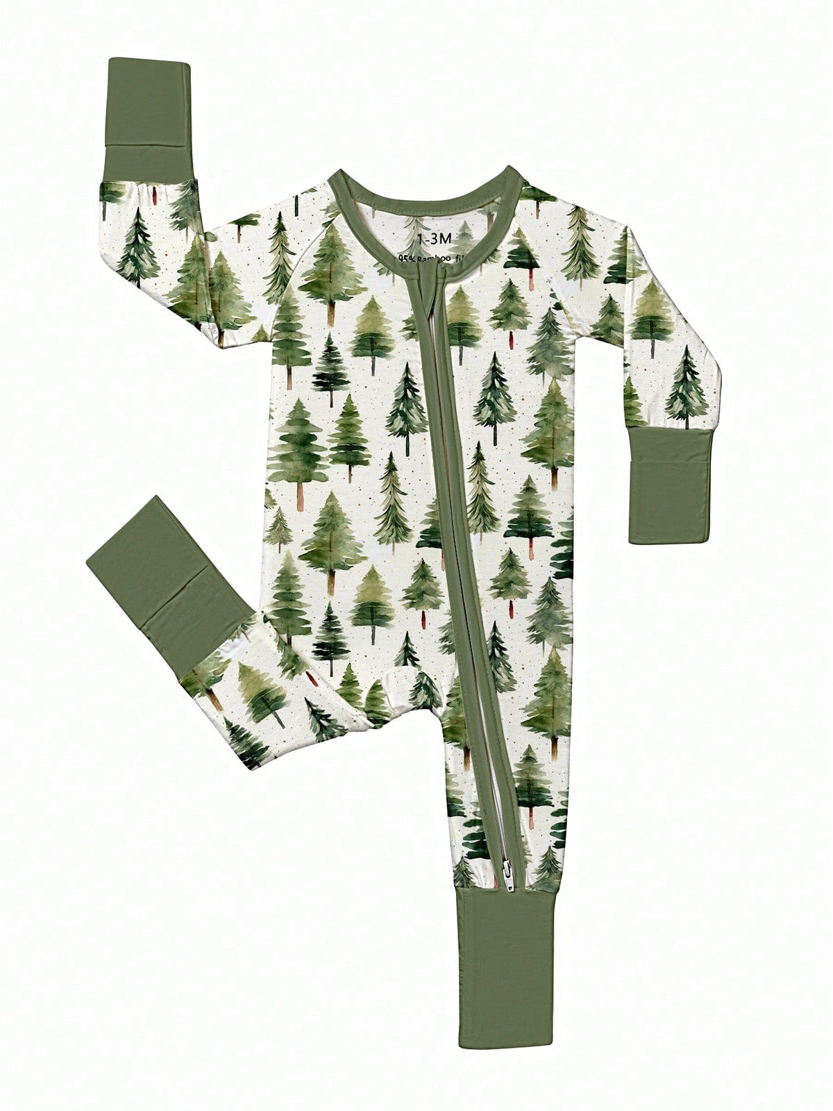 Baby Bamboo Fiber Zip-Up, Pine Print Romper, All-Season Knit Fabric Skinny Fit With Zipper Detail, Boy Baby Clothes, Perfect For Outdoor Christmas Gift.