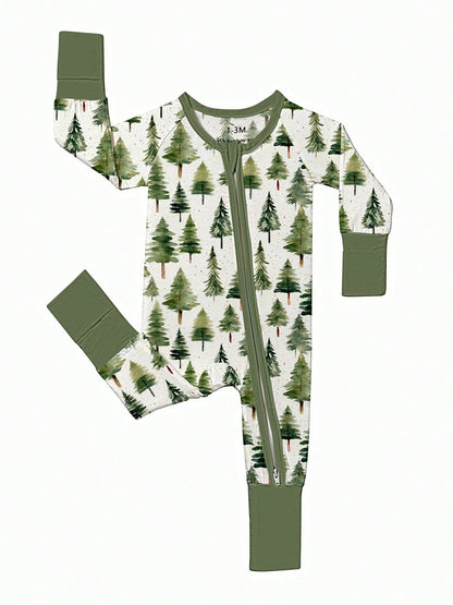 Baby Bamboo Fiber Zip-Up, Pine Print Romper, All-Season Knit Fabric Skinny Fit With Zipper Detail, Boy Baby Clothes, Perfect For Outdoor Christmas Gift.