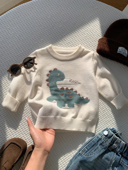 Baby Boy Autumn/Winter Casual Dinosaur Sweater, Cute Sweater, Infant Sweater, White Sweater