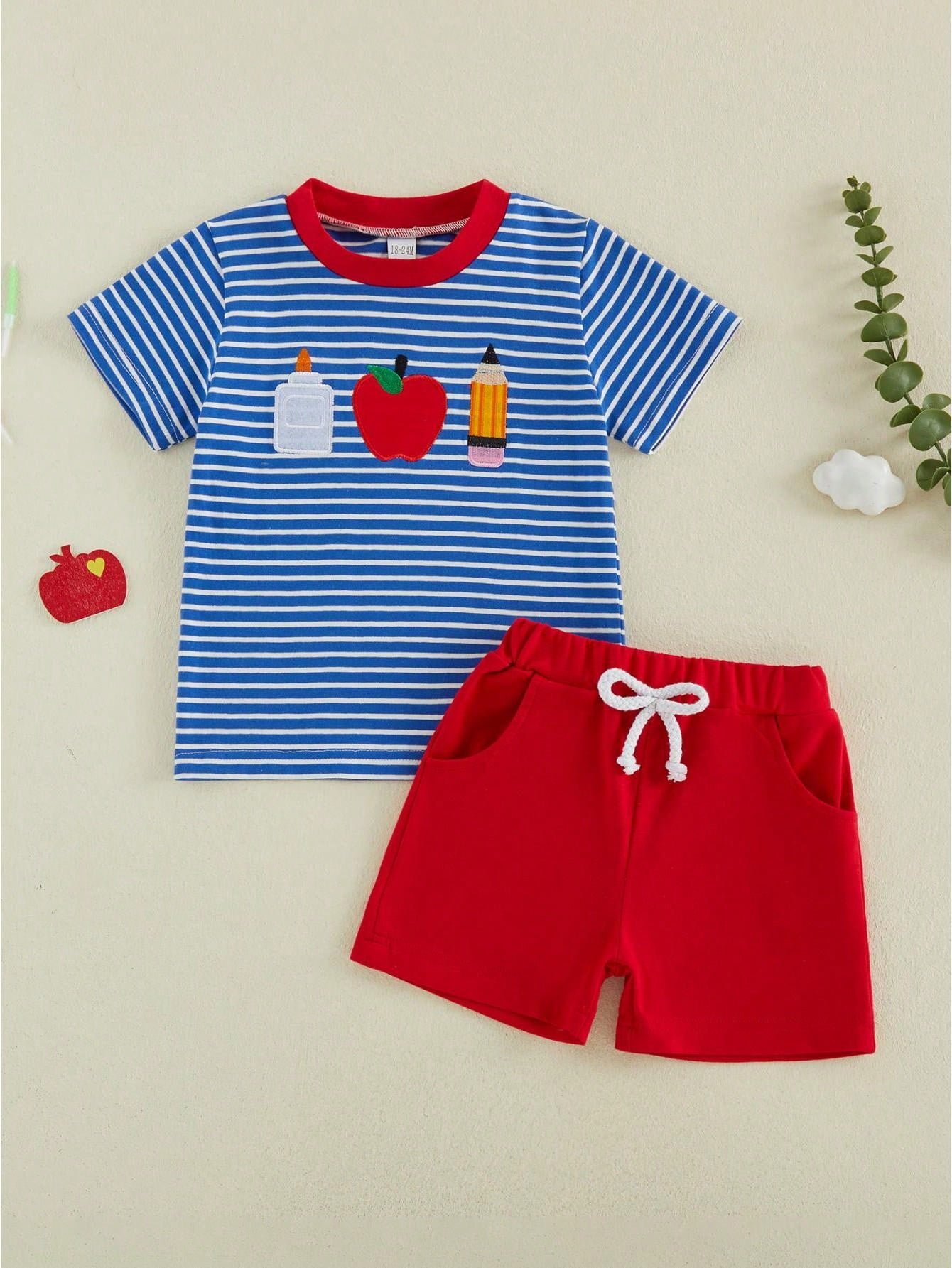Baby Boy Back To School Outfit Striped Short Sleeve T Shirt With Apple Pencil Embroidery And Red Shorts 2Pcs Summer Set Back To School
