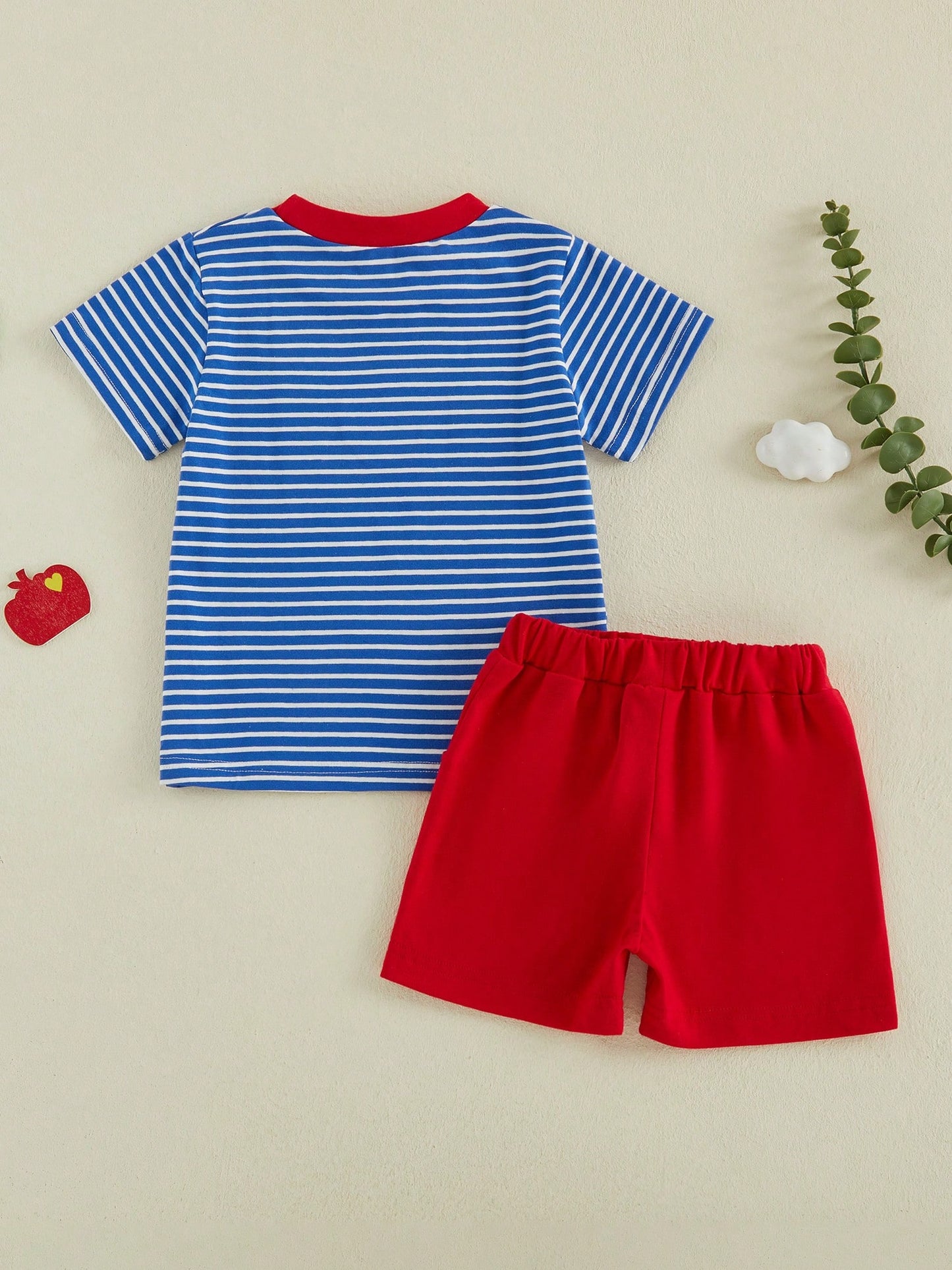 Baby Boy Back To School Outfit Striped Short Sleeve T Shirt With Apple Pencil Embroidery And Red Shorts 2Pcs Summer Set Back To School