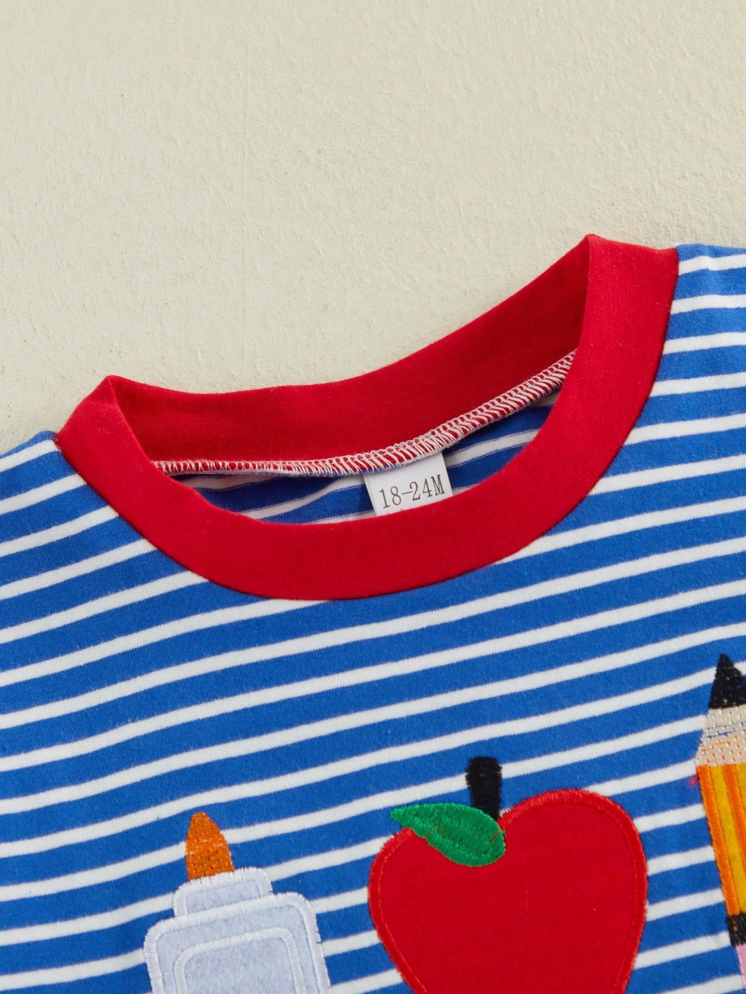 Baby Boy Back To School Outfit Striped Short Sleeve T Shirt With Apple Pencil Embroidery And Red Shorts 2Pcs Summer Set Back To School