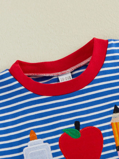 Baby Boy Back To School Outfit Striped Short Sleeve T Shirt With Apple Pencil Embroidery And Red Shorts 2Pcs Summer Set Back To School