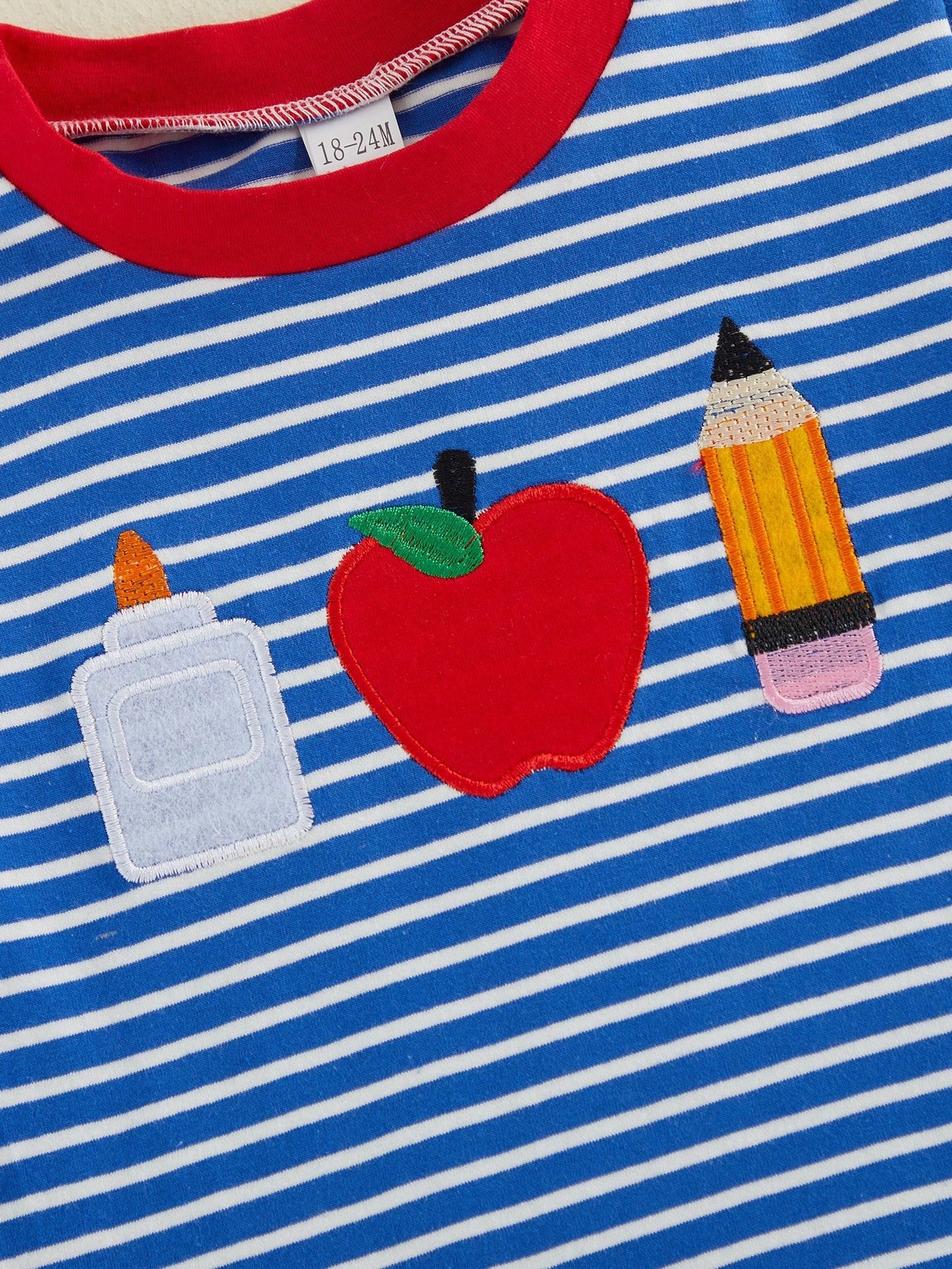 Baby Boy Back To School Outfit Striped Short Sleeve T Shirt With Apple Pencil Embroidery And Red Shorts 2Pcs Summer Set Back To School