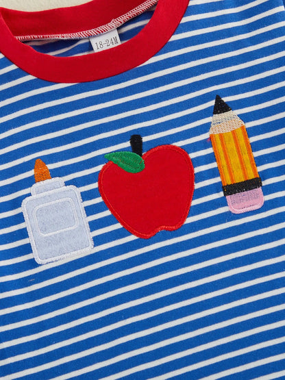 Baby Boy Back To School Outfit Striped Short Sleeve T Shirt With Apple Pencil Embroidery And Red Shorts 2Pcs Summer Set Back To School