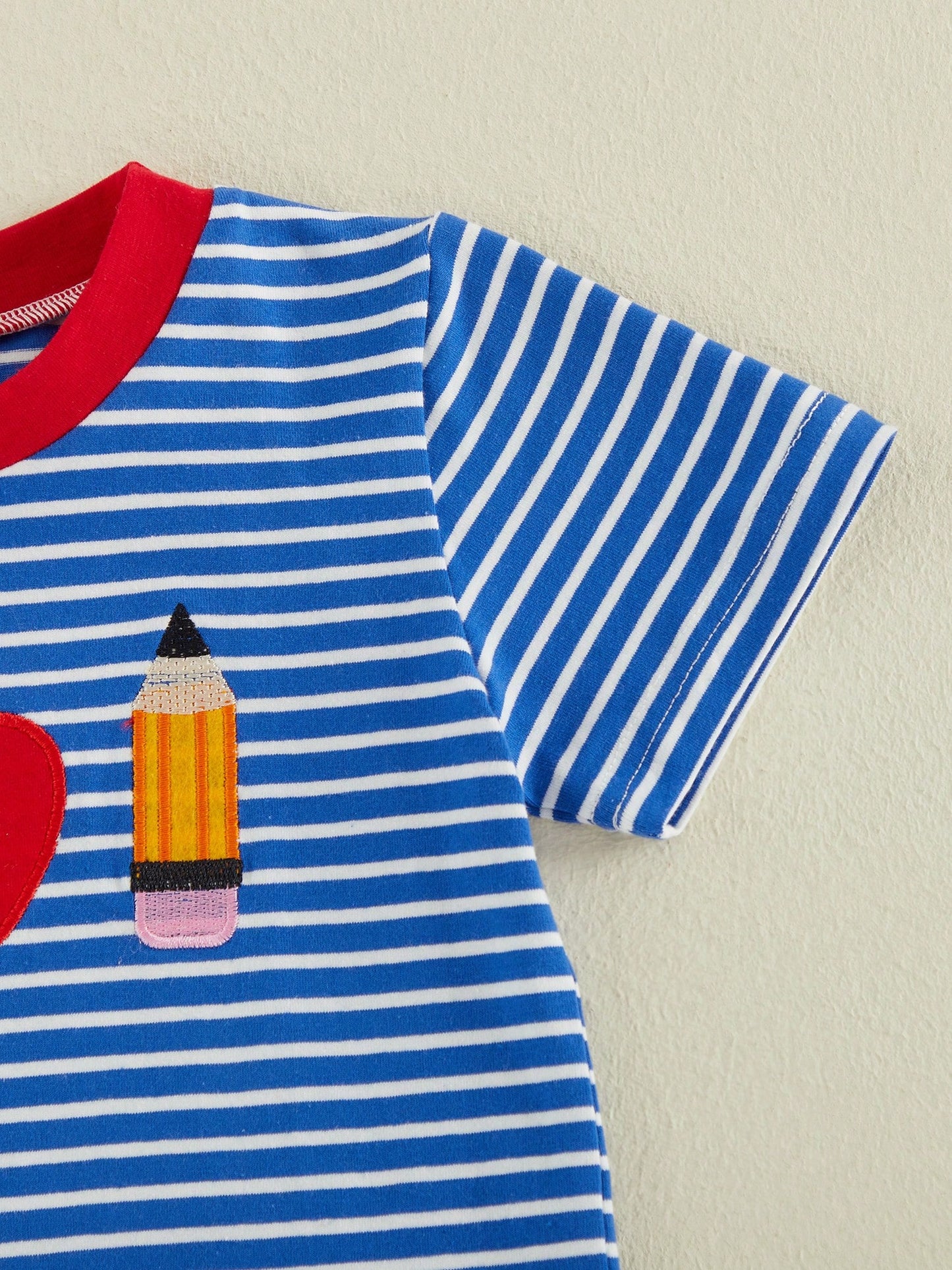 Baby Boy Back To School Outfit Striped Short Sleeve T Shirt With Apple Pencil Embroidery And Red Shorts 2Pcs Summer Set Back To School