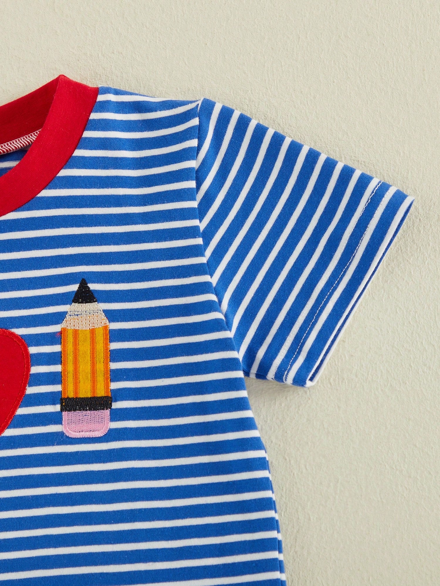 Baby Boy Back To School Outfit Striped Short Sleeve T Shirt With Apple Pencil Embroidery And Red Shorts 2Pcs Summer Set Back To School
