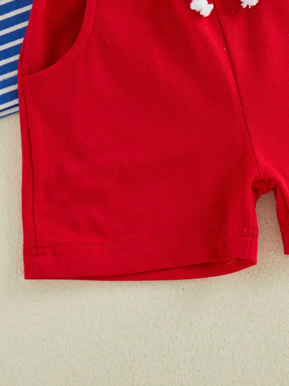 Baby Boy Back To School Outfit Striped Short Sleeve T Shirt With Apple Pencil Embroidery And Red Shorts 2Pcs Summer Set Back To School