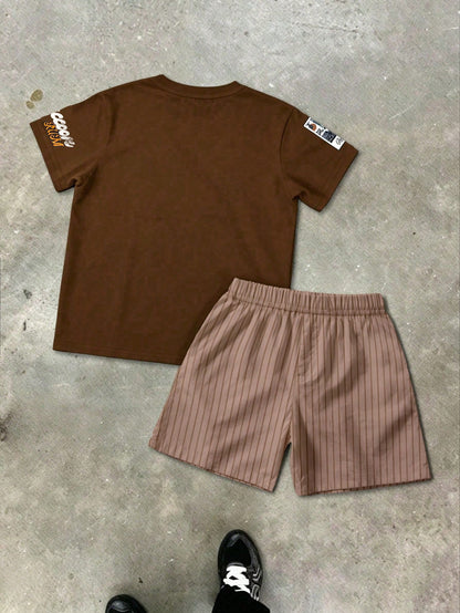 Baby Boy Casual Minimalist Round Neck Letter & Number Print Short Sleeve T-Shirt And Shorts Set, Suitable For Summer