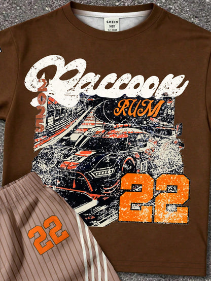 Baby Boy Casual Minimalist Round Neck Letter & Number Print Short Sleeve T-Shirt And Shorts Set, Suitable For Summer
