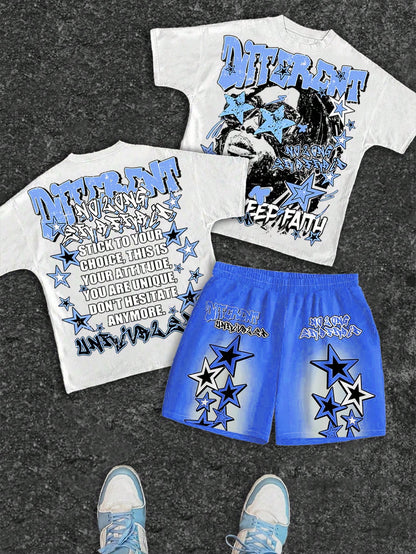 Baby Boy Casual Minimalist Round Neck Letter & Number Print Short Sleeve T-Shirt And Shorts Set, Suitable For Summer