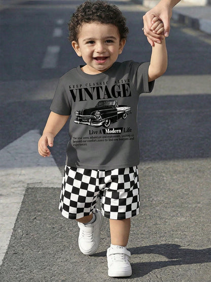 Baby Boy Casual T-Shirt Set Suitable For Summer, Classic Retro Racing Car Graphic Print, Cool Slogan Graphic Print, Classic Black And White Checkered Flag Print