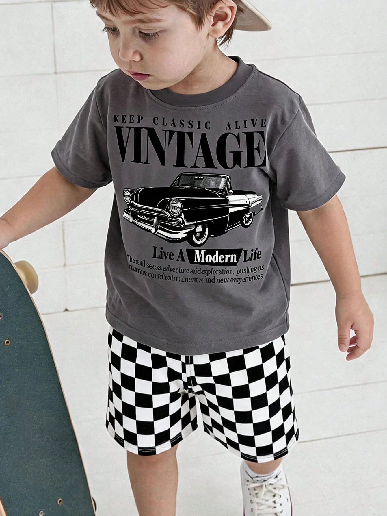 Baby Boy Casual T-Shirt Set Suitable For Summer, Classic Retro Racing Car Graphic Print, Cool Slogan Graphic Print, Classic Black And White Checkered Flag Print