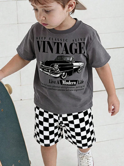 Baby Boy Casual T-Shirt Set Suitable For Summer, Classic Retro Racing Car Graphic Print, Cool Slogan Graphic Print, Classic Black And White Checkered Flag Print