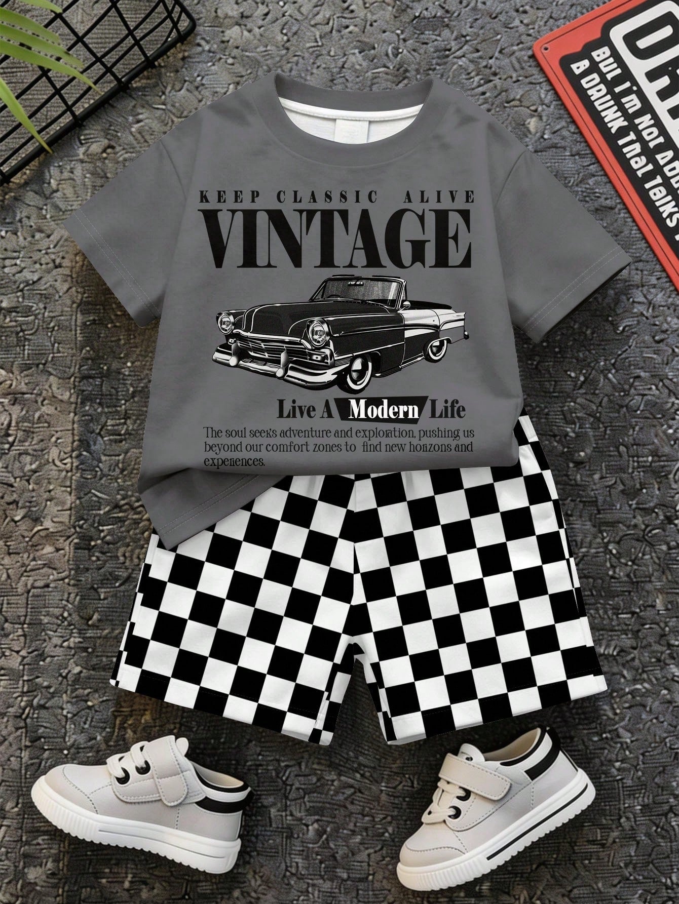 Baby Boy Casual T-Shirt Set Suitable For Summer, Classic Retro Racing Car Graphic Print, Cool Slogan Graphic Print, Classic Black And White Checkered Flag Print