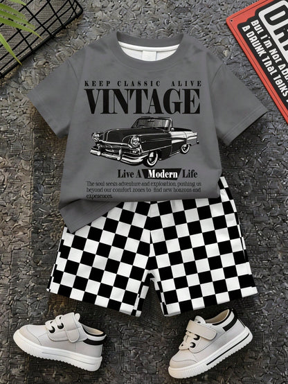 Baby Boy Casual T-Shirt Set Suitable For Summer, Classic Retro Racing Car Graphic Print, Cool Slogan Graphic Print, Classic Black And White Checkered Flag Print