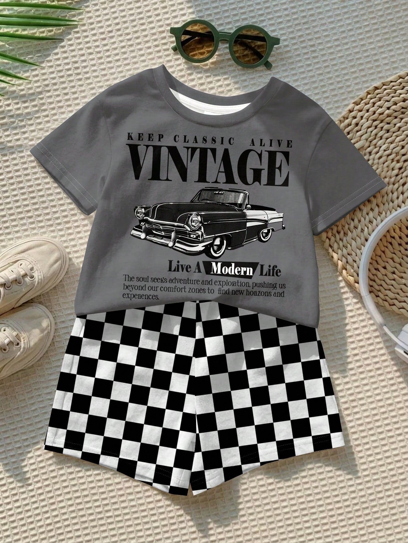 Baby Boy Casual T-Shirt Set Suitable For Summer, Classic Retro Racing Car Graphic Print, Cool Slogan Graphic Print, Classic Black And White Checkered Flag Print