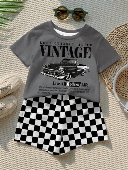 Baby Boy Casual T-Shirt Set Suitable For Summer, Classic Retro Racing Car Graphic Print, Cool Slogan Graphic Print, Classic Black And White Checkered Flag Print