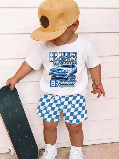 Baby Boy Casual T-Shirt Set Suitable For Summer, Classic Retro Racing Car Graphic Print, Cool Slogan Graphic Print, Classic Black And White Checkered Flag Print