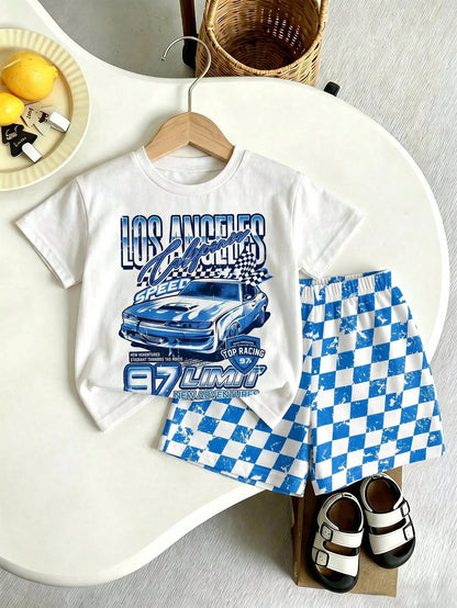 Baby Boy Casual T-Shirt Set Suitable For Summer, Classic Retro Racing Car Graphic Print, Cool Slogan Graphic Print, Classic Black And White Checkered Flag Print