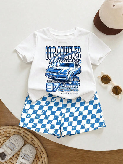 Baby Boy Casual T-Shirt Set Suitable For Summer, Classic Retro Racing Car Graphic Print, Cool Slogan Graphic Print, Classic Black And White Checkered Flag Print