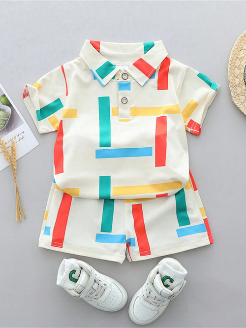 Baby Boy Colorful Stripe Collar Short Sleeve Shirt And Shorts Set, Summer