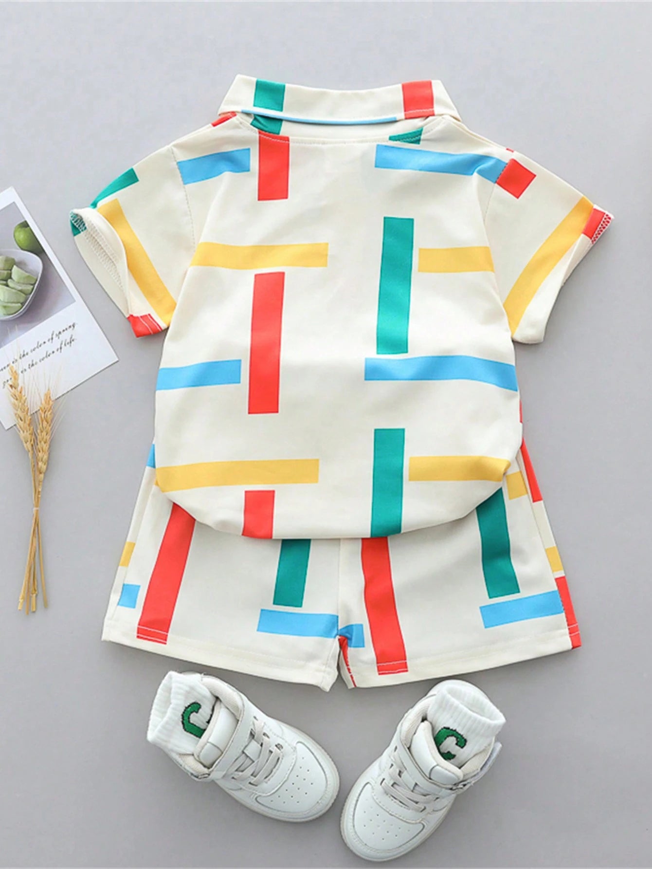 Baby Boy Colorful Stripe Collar Short Sleeve Shirt And Shorts Set, Summer