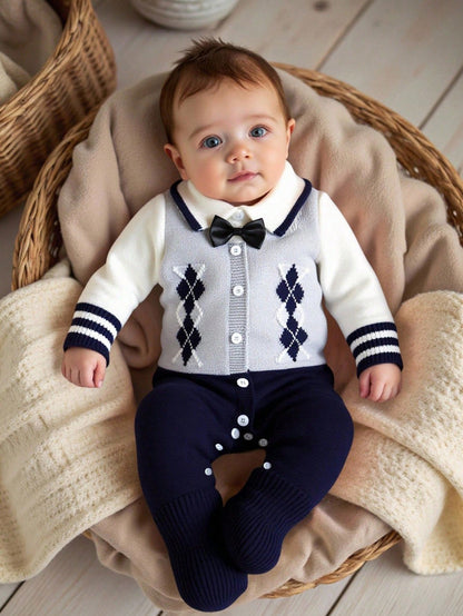 Baby Boy Diamond Knitted Romper One-Piece Suit,Long-Sleeved Sweater,Navy And White,Autumn,Elegant,Party Cruise,Soft Christmas Holiday Clothes