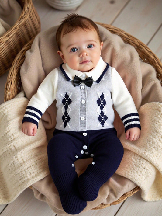 Baby Boy Diamond Knitted Romper One-Piece Suit,Long-Sleeved Sweater,Navy And White,Autumn,Elegant,Party Cruise,Soft Christmas Holiday Clothes
