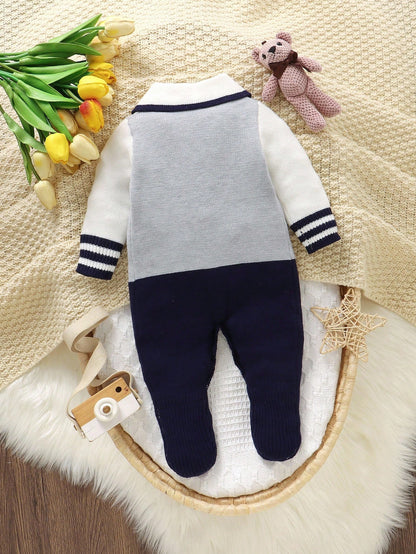 Baby Boy Diamond Knitted Romper One-Piece Suit,Long-Sleeved Sweater,Navy And White,Autumn,Elegant,Party Cruise,Soft Christmas Holiday Clothes