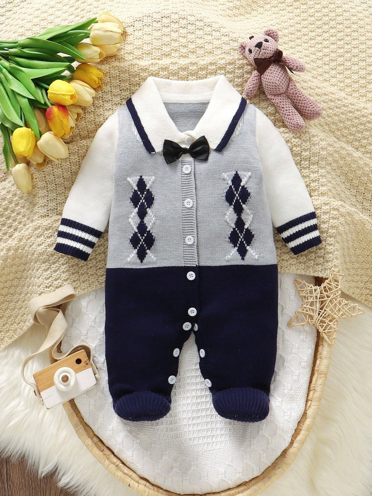 Baby Boy Diamond Knitted Romper One-Piece Suit,Long-Sleeved Sweater,Navy And White,Autumn,Elegant,Party Cruise,Soft Christmas Holiday Clothes