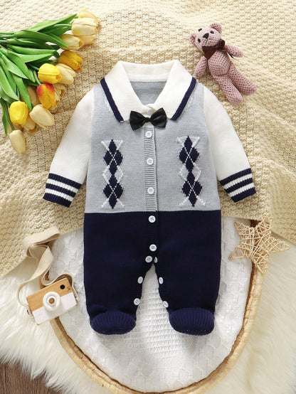 Baby Boy Diamond Knitted Romper One-Piece Suit,Long-Sleeved Sweater,Navy And White,Autumn,Elegant,Party Cruise,Soft Christmas Holiday Clothes