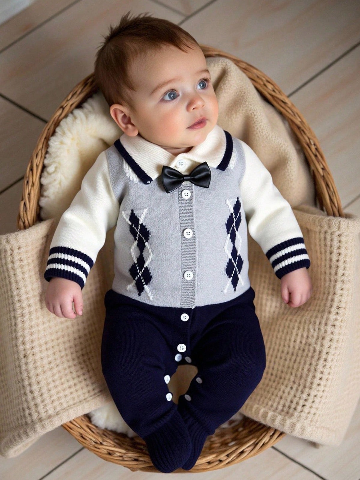 Baby Boy Diamond Knitted Romper One-Piece Suit,Long-Sleeved Sweater,Navy And White,Autumn,Elegant,Party Cruise,Soft Christmas Holiday Clothes