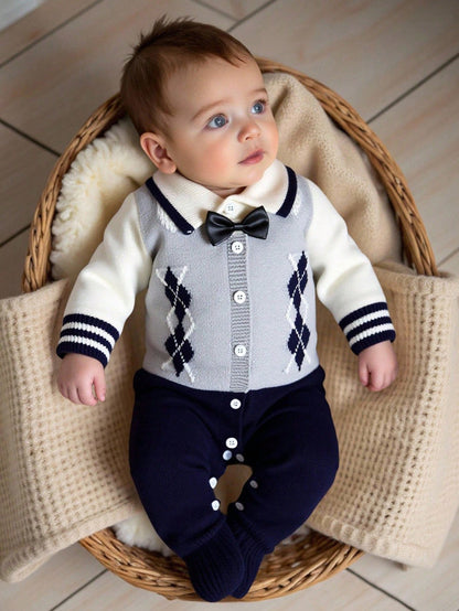 Baby Boy Diamond Knitted Romper One-Piece Suit,Long-Sleeved Sweater,Navy And White,Autumn,Elegant,Party Cruise,Soft Christmas Holiday Clothes