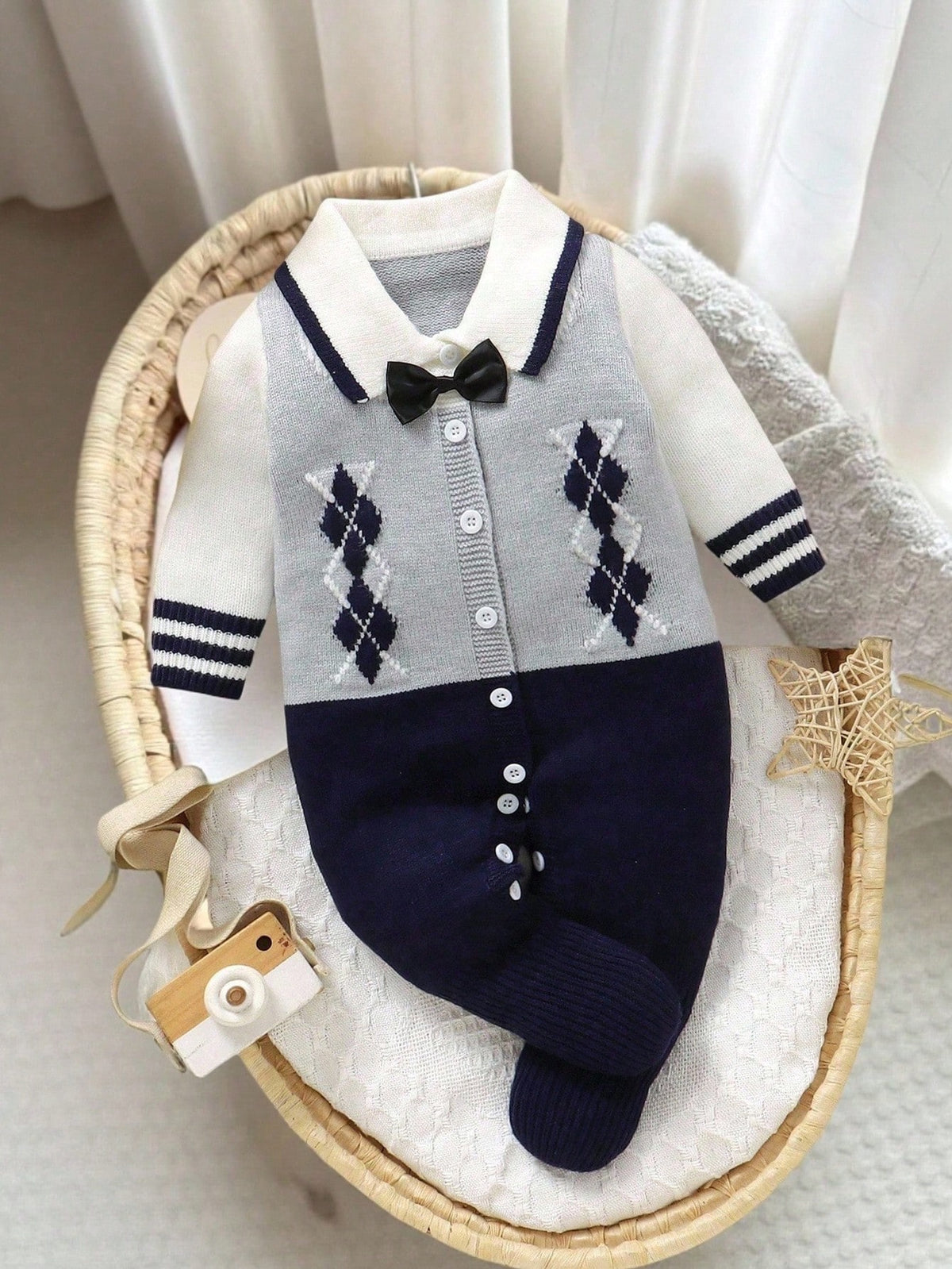 Baby Boy Diamond Knitted Romper One-Piece Suit,Long-Sleeved Sweater,Navy And White,Autumn,Elegant,Party Cruise,Soft Christmas Holiday Clothes