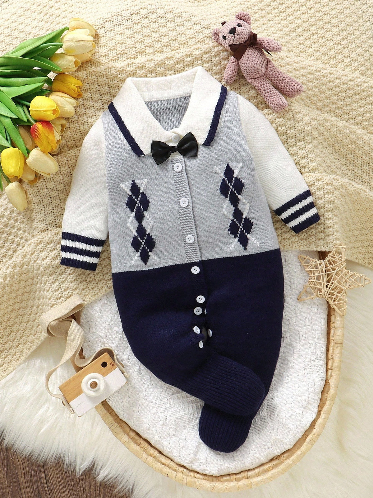 Baby Boy Diamond Knitted Romper One-Piece Suit,Long-Sleeved Sweater,Navy And White,Autumn,Elegant,Party Cruise,Soft Christmas Holiday Clothes