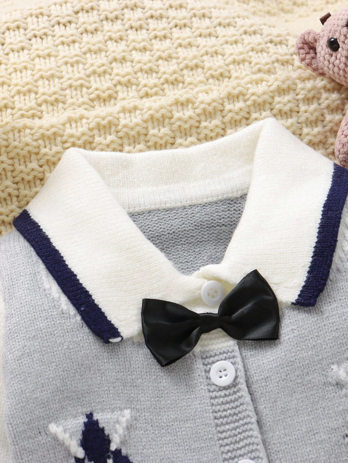 Baby Boy Diamond Knitted Romper One-Piece Suit,Long-Sleeved Sweater,Navy And White,Autumn,Elegant,Party Cruise,Soft Christmas Holiday Clothes