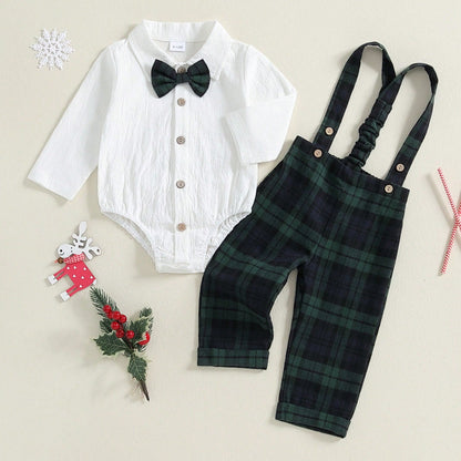 Baby Boy Gentleman Outfit Christmas Clothes Long Sleeve Lapel Neck Romper With Plaid Suspender Pants And Bow Tie 3 Pcs Set