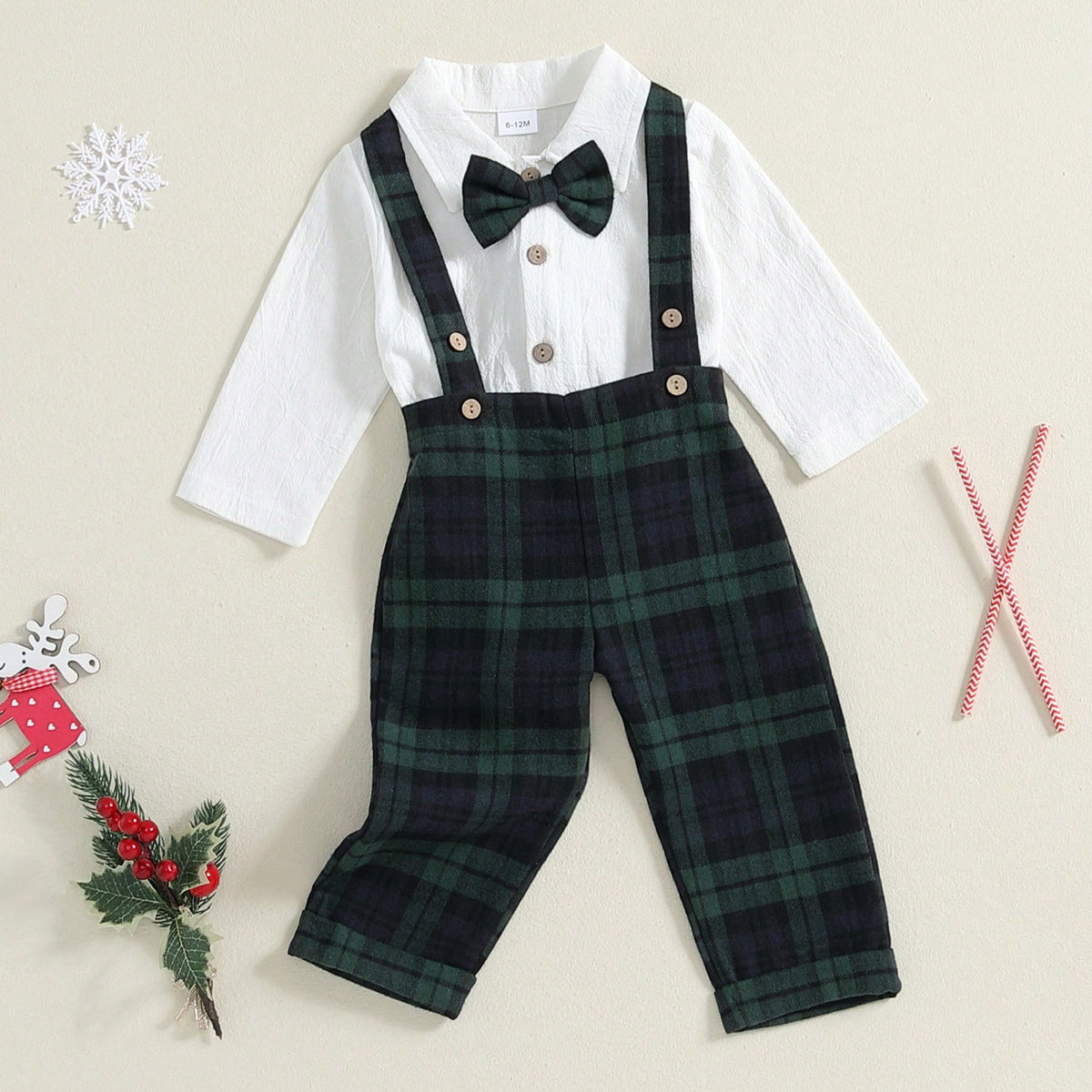 Baby Boy Gentleman Outfit Christmas Clothes Long Sleeve Lapel Neck Romper With Plaid Suspender Pants And Bow Tie 3 Pcs Set