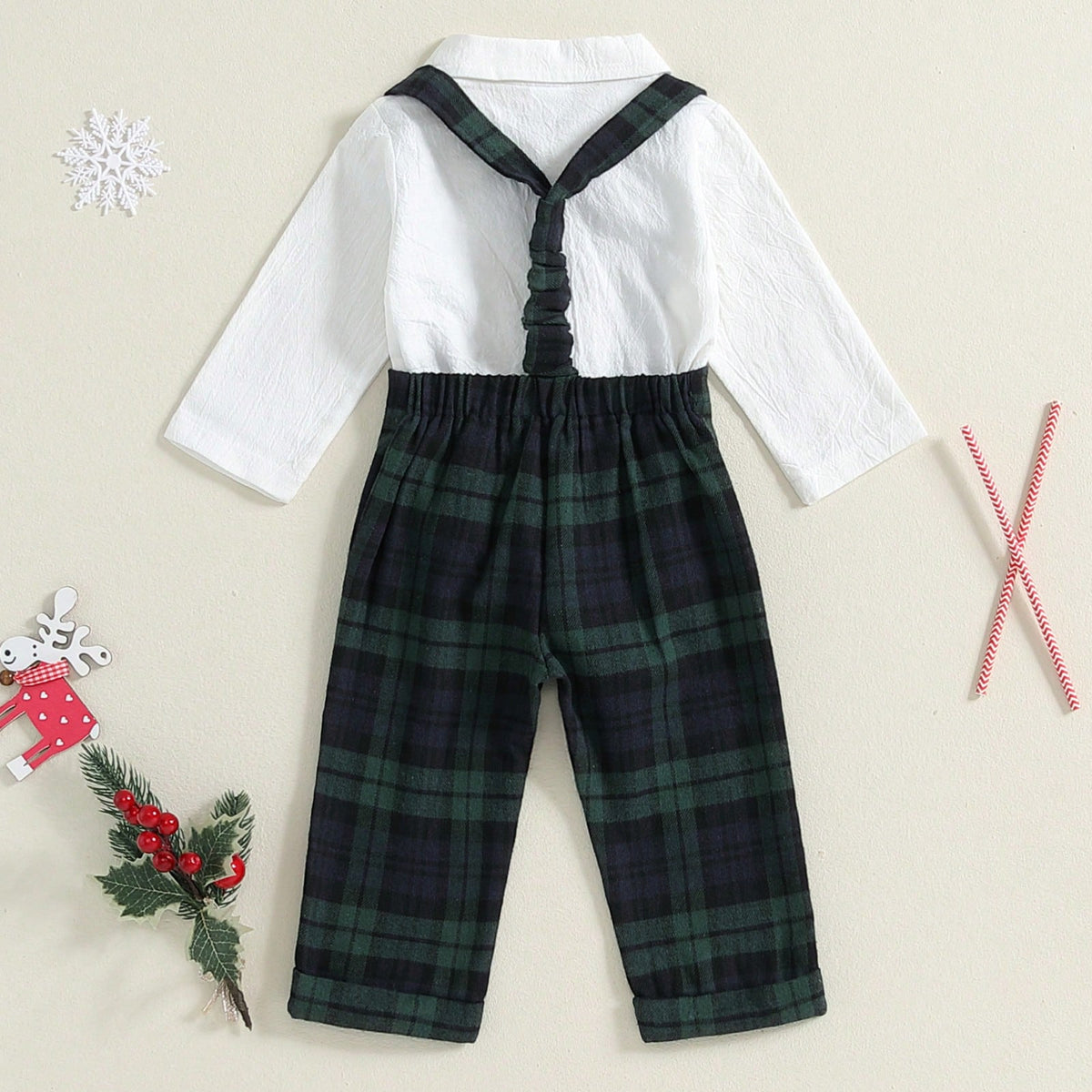 Baby Boy Gentleman Outfit Christmas Clothes Long Sleeve Lapel Neck Romper With Plaid Suspender Pants And Bow Tie 3 Pcs Set