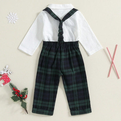 Baby Boy Gentleman Outfit Christmas Clothes Long Sleeve Lapel Neck Romper With Plaid Suspender Pants And Bow Tie 3 Pcs Set