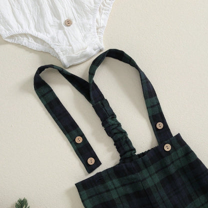 Baby Boy Gentleman Outfit Christmas Clothes Long Sleeve Lapel Neck Romper With Plaid Suspender Pants And Bow Tie 3 Pcs Set